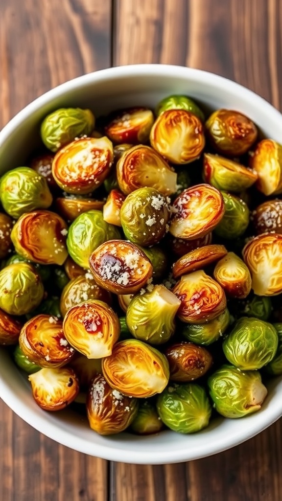 Crispy roasted Brussels sprouts in a bowl, garnished with Parmesan cheese and balsamic vinegar.